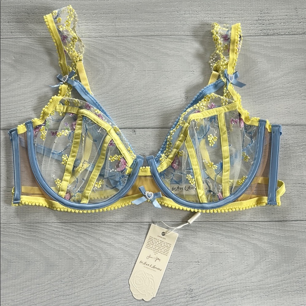 For Love & Lemons Lavender Meadows Sheer‎ Floral and Lace Underwire Bra Sz L
